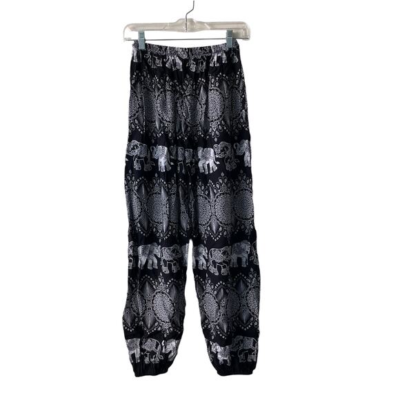 Bamboo House Black & White Drawstring Elephant & Paisley Print Harem Pants - Picture 2 of 10